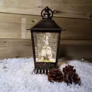 28cm Snowtime Christmas Water Spinner Antique Effect Lantern With 2 Owls Scene Dual Power