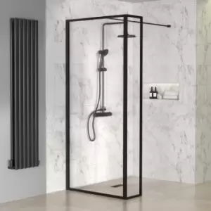 Black 900mm Framed Wet Room Shower Screen with Wall Support Bar & Return Panel - Zolla