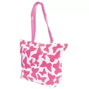 FLOSO Womens/Ladies Straw Woven Butterfly Print Top Handle Handbag (One Size) (White/Fuchsia)