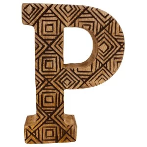 Letter P Hand Carved Wooden Geometric