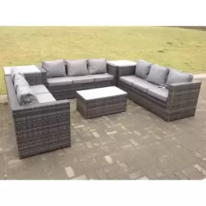 Fimous - Outdoor Rattan Garden Furniture Lounge Sofa Set With Oblong Coffee Table And 2 Side Tall Table