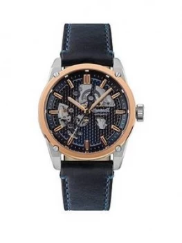 Ingersoll Ingersoll The Carroll Silver And Rose Gold Detail Skeleton Automatic Dial Black Leather Strap Watch