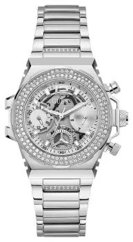 Guess GW0552L1 Womens Silver Skeleton Dial Crystal Bezel Watch