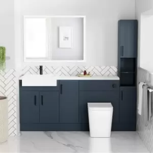 1800mm - 2100mm Blue Toilet and Sink Unit with Tall Cabinet Matt Worktop and Black Fittings - Coniston