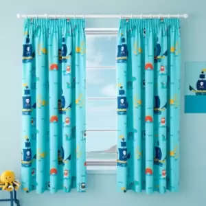 Cosatto Sea Monsters Childrens 100% Cotton Jersey Pencil Pleat Lined Curtains, Blue, 66 x 72 Inch