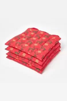 Red Reindeer Christmas Seat Pad 100% Cotton Set of 4
