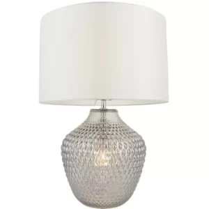 Endon Chelworth Modern Classic Twin Light Table Lamp Grey Tinted Ribbed Glass Base White Fabric Shade