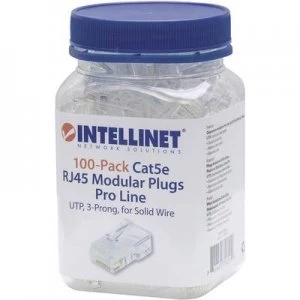 INTELLINET 100er-Pack Cat5e RJ45 modular plug Pro Line UTP 3-point wire contacting for solid wire 100 plugs in the beaker 50 µ gold-plated contacts Cr