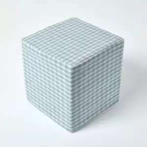 Blue Gingham Check Cotton Cube Pouffe 36 x 36 x 38cm - Blue - Homescapes