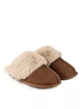 TOTES Isotoner Ladies Mule Slipper With Fur Cuff - Light Brown, Light Brown, Size 7, Women