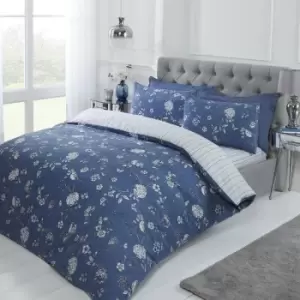 Rapport Country Toile Blue Floral Bird Tree Striped Reverse Reversible Single Duvet Cover Set