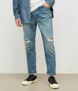 AllSaints Mens Jack Damaged Cropped Tapered Jeans, Mid Indigo, Size: 30