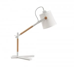 Table Task Lamp with White Shade 1 Light E27, Matt White, Beech with Ivory White Shade