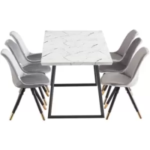 7 Pieces Life Interiors Sofia Toga Dining Set - an Extendable White Rectangular Wooden Dining Table and Set of 6 Light Grey Dining Chairs - Light Grey