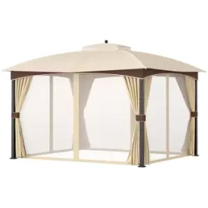 Outsunny 4 X 3M Patio Gazebo Garden Canopy Shelter With Double Tier Roof - Khaki