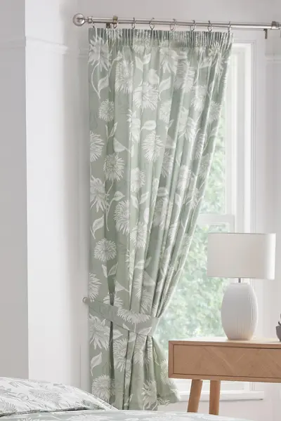 Dreams & Drapes 'Chrysanthemum' Lined Pair of Pencil Pleat Curtains With Tie-Backs Green
