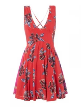 Free People Floral Print Floaty Dress With Contrast Panel Red