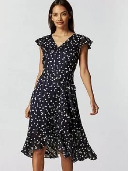 Wallis Petite Multi Spot Ruffle Dress - Navy, Size 16, Women
