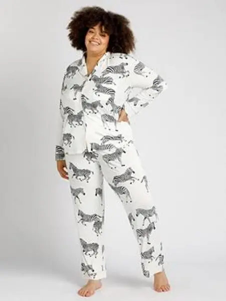 CHELSEA PEERS Curve Button Up Zebra Printed Long Pyjamas Set - White Size 20, Women