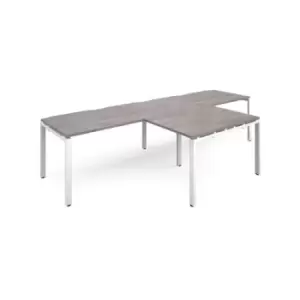 Adapt double straight desks 3200mm x 800mm with 800mm return desks - white frame and grey oak top