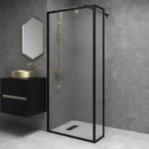 Black 900mm Fluted Glass Wet Room Shower Screen with Wall Support Bar & Return Panel - Volan