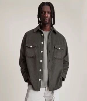 AllSaints Mens Dillingham Wool Blend Overshirt, Charcoal, Size: XL