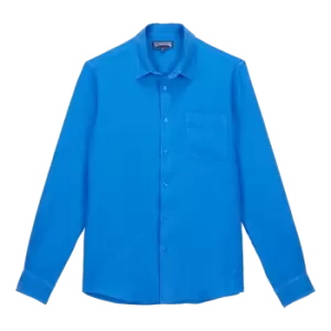 Men Linen Shirt Solid - Caroubis - Blue - Size L - Vilebrequin