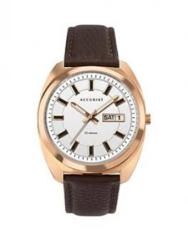 Accurist Retro Range White And Rose Gold Detail Daydate Dial Brown Leather Strap Watch
