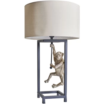 Antique Brass Hanging Monkey Cubed Table Lamp with Lampshade - Beige