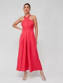 Karen Millen Linen Halter Jumpsuit - Hot Pink, Size 16, Women