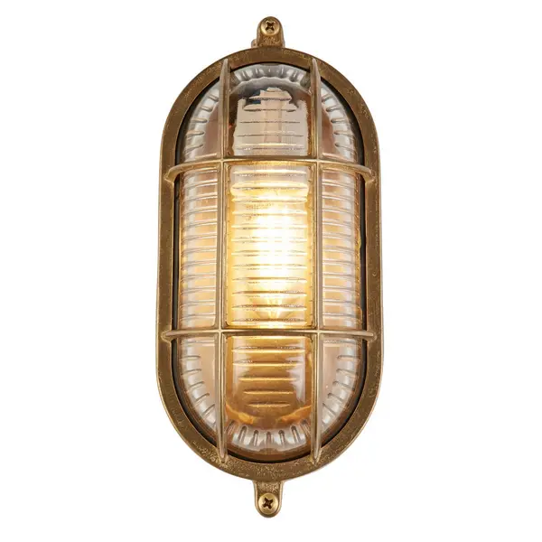Bulkhead Round Outdoor Light Solid Brass, Ribbed Glass