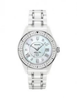 Bulova Mother Of Pearl And Diamond Set Date Dial White Ceramic And Silver Detail Bracelet Ladies Watch