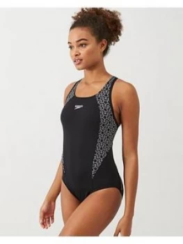 Speedo Boomstar Splice Flyback Swimsuit - Black/White, Size 40, Women