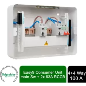 Schneider Electric - Easy9+ EZ9ER4R4MCU Consumer Unit 4+4 100A Main Switch 2x 63A