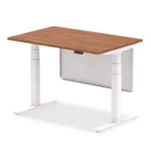 Air 1200 x 800mm Height Adjustable Desk Walnut Top White Leg With White Steel Modesty Panel