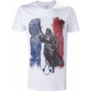 Assassins Creed Unity French Tricolour Flag Large T-Shirt, Adult Male, White