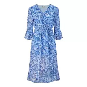 Yumi Blue Floral three quarterSleeve Frill Wrap Dress - Blue