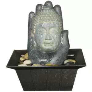 Buddha and Hand Tabletop Indoor Fountain / Water Feature with Pebbles - Grey / Black / Bronze