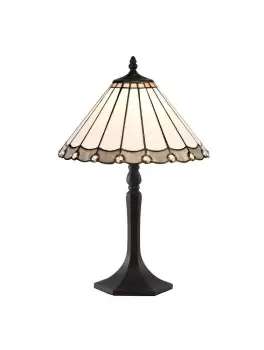 1 Light Octagonal Table Lamp E27 With 30cm Tiffany Shade, Grey, Crystal, Aged Antique Brass