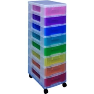 Really Useful 8 x 7L Drawer Polypropylene Storage Tower Clear Frame with Assorted Coloured Drawers on Castors