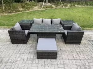 6 Seater Rattan Garden Furniture Sofa Set Outdoor Adjustable Rising Lifting Dining Table Set 2 Armchairs