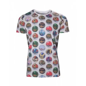 Pokemon Mens All-over Poke Ball Print X-Large T-Shirt - Grey