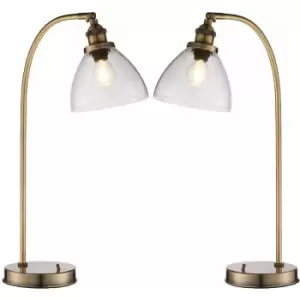2 PACK Industrial Curved Table Lamp Antique Brass & Glass Modern Bedside Light