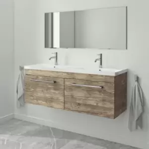1200mm Wood Effect Wall Hung Double Vanity Unit with Basin and Chrome Handles - Ashford