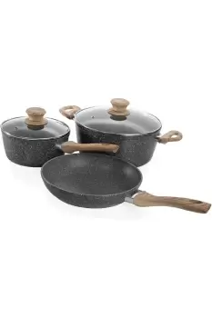 Anthracite Grey 5pce Kitchen Cookware Non Stick Frying Pan Saucepan Cooking Stock Pot Full Pan Set with Lids - Wooden Finish Handles