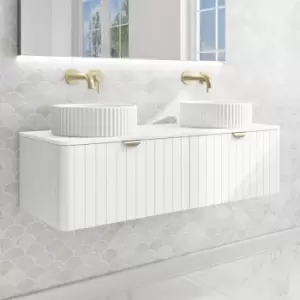 1200mm White Wall Hung Countertop Double Vanity Unit with Basins and Brass Handles - Empire