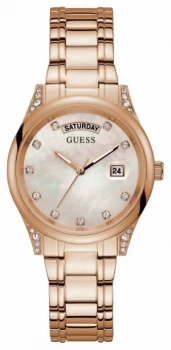 Guess Aura Womens Rose Gold Plated Bracelet Silver Watch