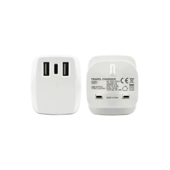 AA Dual USBUSB-C 18W PD Mains Charger 2 x USB 1 x USB-C 3Amp - White