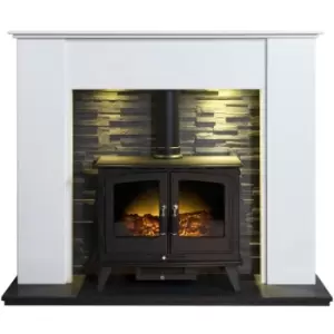 Adam Montara Crystal White Marble Fireplace with Downlights & Woodhouse Electric Stove in Black, 54 Inch