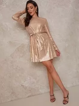 Chi Chi London Long Sleeve Sequin Mini Dress - Gold, Size 10, Women